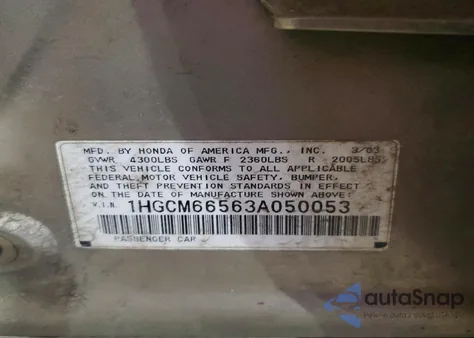 2003 Honda Accord Ex из США, поврежденный, VIN 1HGCM66563A050053